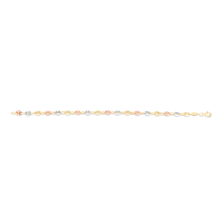 14K Tri-color Gold 18 Polished Puffed Mariner Link Chain Necklace with Lobster Lock