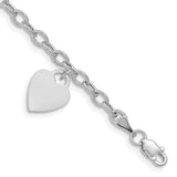 14k White Gold Engravable 14x10mm Solid Dangle Heart Charm and Hollow Chain 8.5 inch Bracelet