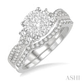 7/8 Ctw Lovebright Round Cut Diamond Wedding Set With 3/4 Ctw Criss-Cross Shank Engagement Ring and 1/6 Ctw Arched Wedding Band in 14K White Gold