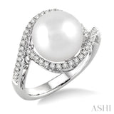 11 MM Cultured Pearl and 1/3 Ctw Round Cut Diamond Ring in 14K White Gold