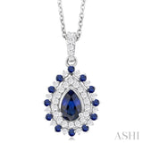 6X4 MM Pear Cut & 1.55 MM Round Cut Sapphire and 1/4 Ctw Round Cut Diamond Floral Precious Pendant With Chain in 14K White Gold