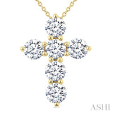 2 Ctw Round Cut Diamond Christian Cross 6-Stone Fashion Pendant With Chain in 14K Yellow Gold