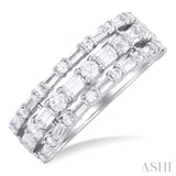 1 1/2 Ctw Triple Row Emerald, Baguette and Round Cut Diamond Fashion Band in 14K White Gold