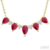 5x3 MM & 4x3 MM Pear Cut Ruby and 1/8 Ctw Round Cut Diamond Precious Necklace in 14K Yellow Gold