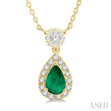 6x4 MM Pear Cut Emerald and 1/3 Ctw Round Cut Diamond Lovebright Precious Necklace in 14K Yellow Gold