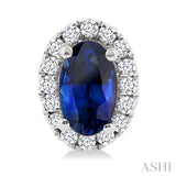 5x3 MM Oval Shape Sapphire and 1/8 Ctw Round Cut Diamond Halo Precious Stud Earrings in 14K White Gold