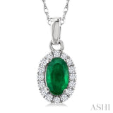 5x3 MM Oval Shape Emerald and 1/20 Ctw Round Cut Diamond Halo Precious Pendant with Chain in 14K White Gold