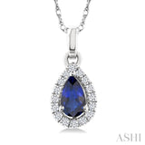 5x3 MM Pear Shape Sapphire and 1/20 Ctw Round Cut Diamond Halo Precious Pendant with Chain in 10K White Gold