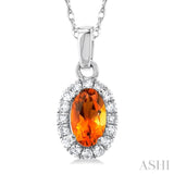 5x3 MM Oval Shape Citrine and 1/20 Ctw Round Cut Diamond Halo Semi-Precious Pendant with Chain in 10K White Gold