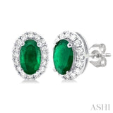 5x3 MM Oval Shape Emerald and 1/8 Ctw Single Cut Diamond Halo Precious Stud Earrings in 10K White Gold