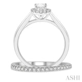 3/8 Ctw Round Cut Diamond Wedding Set With 1/3 Ct Halo 1/4 Ct Oval Cut Center Stone Engagement Ring and 1/10 Ct Wedding Band in 14K White Gold