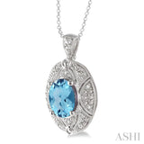 9x7 MM Oval Cut Blue Topaz and 1/50 Ctw Single Cut Diamond Pendant in Sterling Silver with Chain