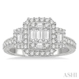 7/8 Ctw Octagonal & Rectangular Mount Baguette and Round Cut Diamond Engagement Ring in 14K White Gold