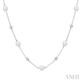 5 MM Round Shape Cultured Pearls and 1/4 Ctw Round Cut Diamond Station Necklace in 14K White Gold