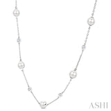 5 MM Round Shape Cultured Pearls and 1/4 Ctw Round Cut Diamond Station Necklace in 14K White Gold