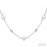 5 MM Round Shape Cultured Pearls and 1/4 Ctw Round Cut Diamond Station Necklace in 14K White Gold
