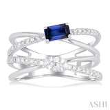 5x3 MM Emerald Shape Sapphire and 1/4 Ctw Round Cut Diamond Double Criss Cross Lovebright Precious Ring in 10K White Gold