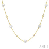 5 MM Round Shape Cultured Pearls and 1/4 Ctw Round Cut Diamond Station Necklace in 14K Yellow Gold