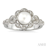 6.5 MM Cultured Pearl and 1/8 Ctw Round Cut Diamond Ring in 14K White Gold