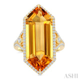 26x10 MM Hexagon Shape Citrine and 1/2 Ctw Round Cut Diamond Halo Semi-Precious Ring in 14K Yellow Gold