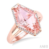 16x10 MM Hexagon Shape Morganite and 1/10 Ctw Round Cut Diamond Halo Semi-Precious Ring in 14K Rose Gold