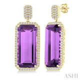 22x10 MM Emerald Cut Amethyst and 7/8 Ctw Round Cut Diamond Halo Semi-Precious Earrings in 14K Yellow Gold