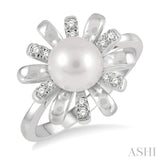 1/10 Ctw Floral 7MM Round Pearl & Round Cut Diamond Ring in 10K White Gold