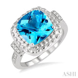 1/50 Ctw Round Cut Diamond & 10x10MM Cushion Cut Blue Topaz Semi Precious Ring in Sterling Silver