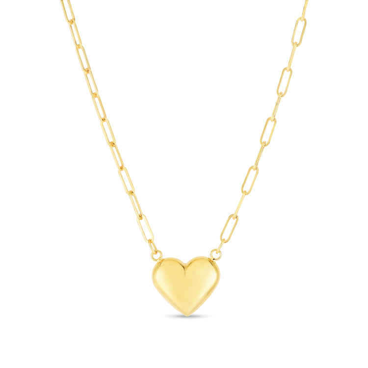 14K Puffed Heart Paperclip Necklace