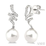 9x9MM Cultured White Pearl and 1/5 Ctw Round Cut Diamond Earrings in 14K White Gold