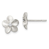 Sterling Silver Polished & Satin CZ Flower Post Earrings